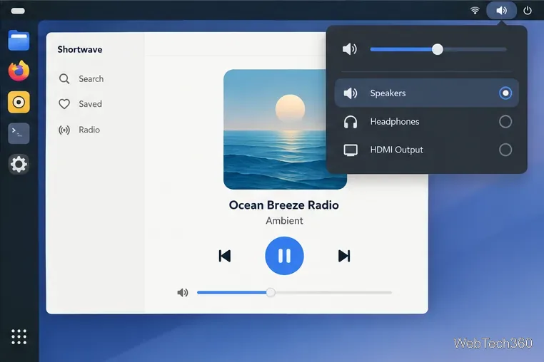 Lettore a onde corte con il menu di uscita audio di Linux aperto sopra di esso.
