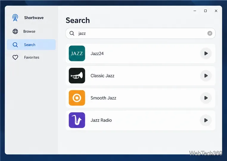 Pagina di ricerca per le onde corte con query per genere e righe di stazioni corrispondenti.