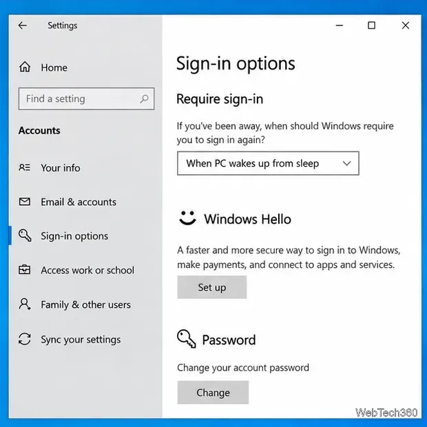 Opțiunile de conectare din Windows 10 au setată opțiunea „Solicitați conectare” pentru trezirea din repaus.