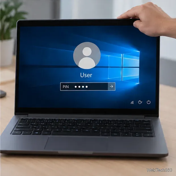 Un laptop cu Windows 10 afișează solicitarea pentru codul PIN al contului după redeschiderea capacului.