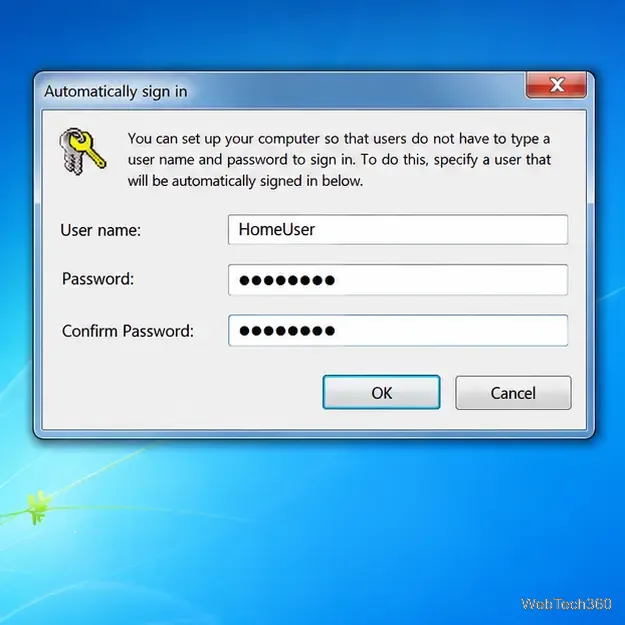 Caseta de dialog Conectare automată în Windows 7 cu câmpuri pentru nume de utilizator și parolă mascate