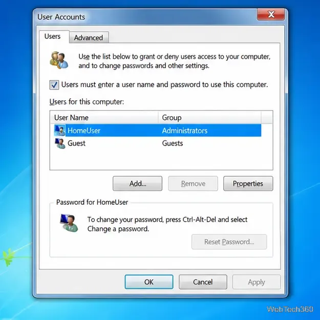 Caseta de dialog Conturi de utilizator Windows 7 cu opțiunea UtilizatorAcasă selectată și caseta de selectare pentru cerința de parolă debifată