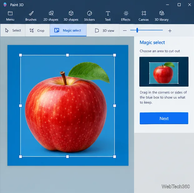 Lo strumento Selezione magica di Paint 3D con un rettangolo di selezione attorno a una mela prima di rimuoverne lo sfondo.