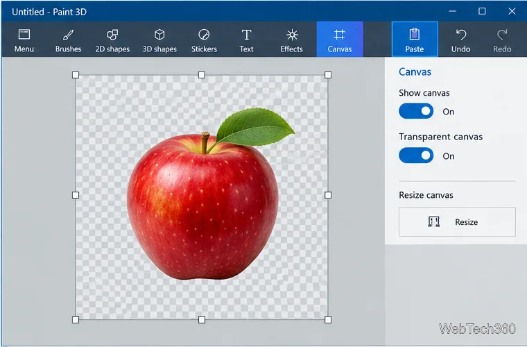 Una mela copiata e incollata su una nuova tela di Paint 3D con la scacchiera trasparente attivata.