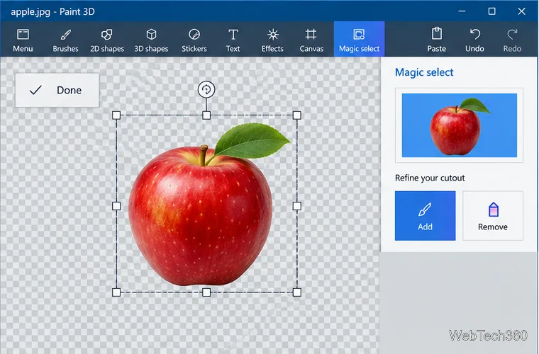 Anteprima di Paint 3D Magic Select con un ritaglio delineato su una scacchiera, pronto per essere confermato con Fatto.