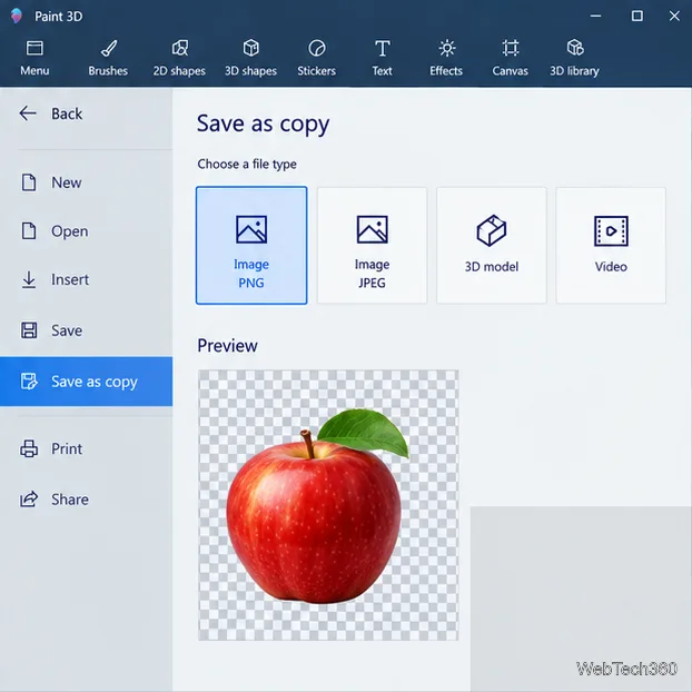 Schermata di salvataggio di Paint 3D con immagine PNG selezionata e anteprima a scacchiera trasparente.