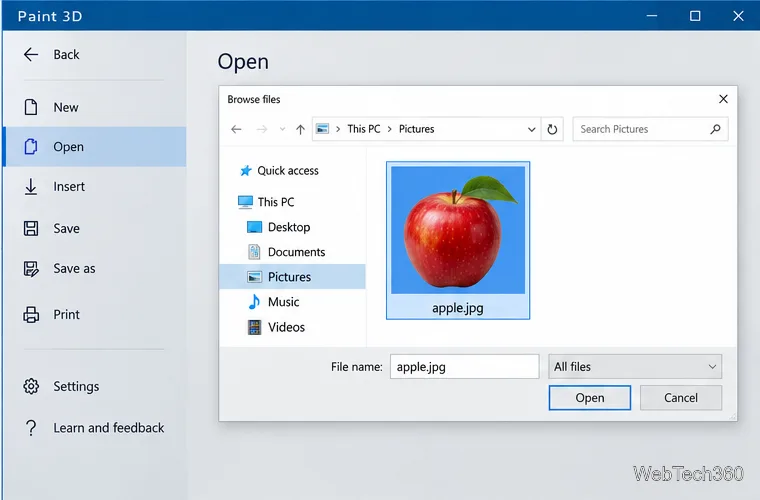 Paint 3D apre la schermata con la finestra di dialogo Sfoglia file e seleziona una foto di una mela dalla cartella Immagini.