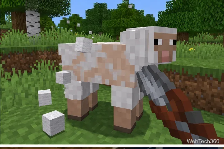 Minecraft player using shears on a white sheep to collect wool