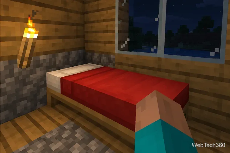 Red Minecraft bed placed inside a torch-lit wooden house at night