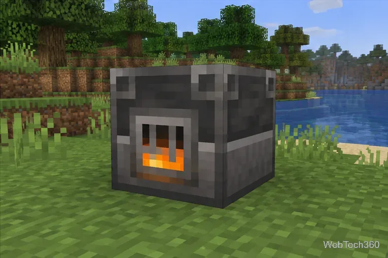 Un altoforno illuminato in stile Minecraft, posizionato sull'erba accanto a un lago.