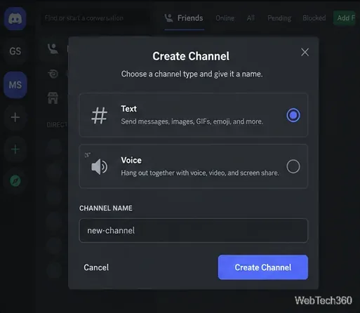 Create Channel dialog with Text and Voice options and a channel name field