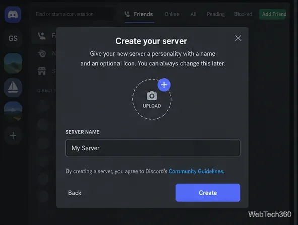 Create your server form with an optional icon upload, server name, and Create button