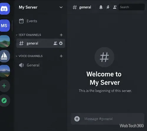 Discord server window with a welcome view and text and voice channel groups