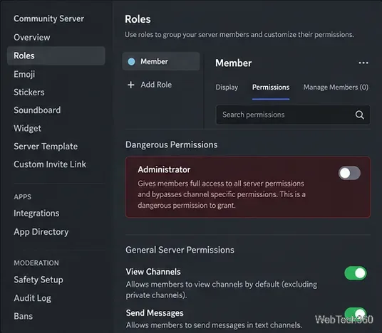Administrator permission shown separately as a high-risk server role option