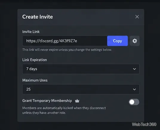 Create Invite panel with expiration, maximum-use settings, and Copy button