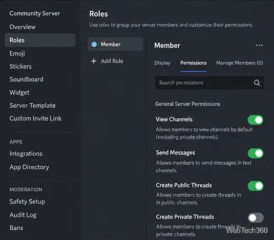 Server Settings Roles screen with the Member role and basic permission switches