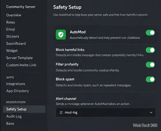 Safety Setup screen showing AutoMod controls and an alert channel