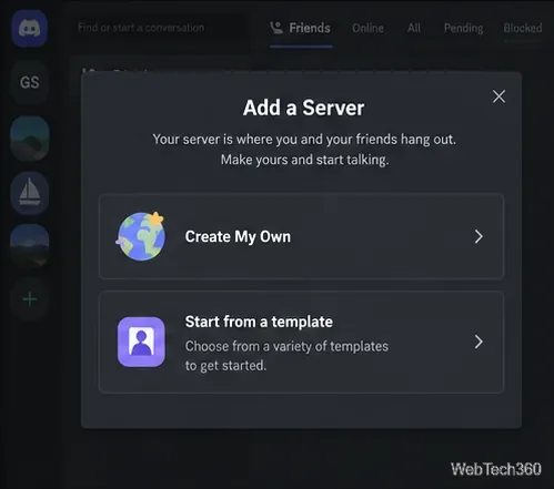 The Add a Server panel with Create My Own and template options