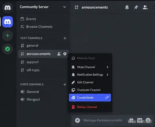 Discord channel menu with Create Invite selected
