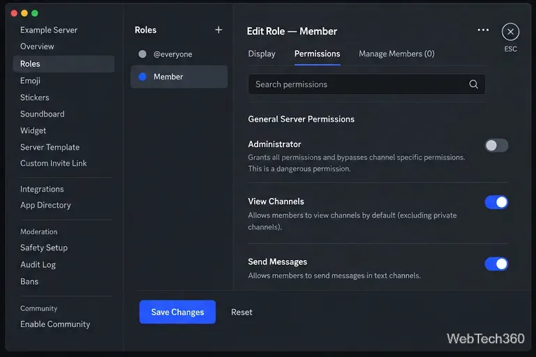 Discord role settings for Member with View Channels and Send Messages enabled and Administrator disabled