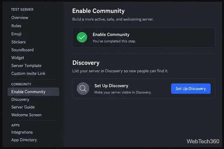 Discord Community settings with Enable Community complete and the Set Up Discovery button visible