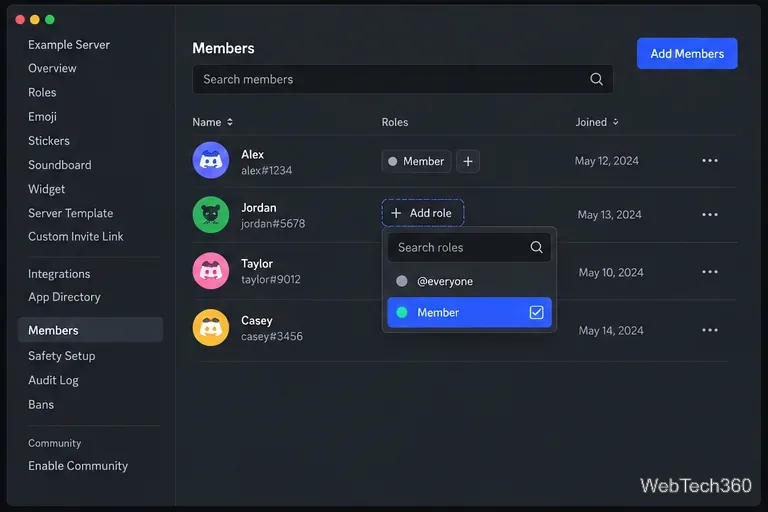 Discord Members settings with the Member role selected for an invited user