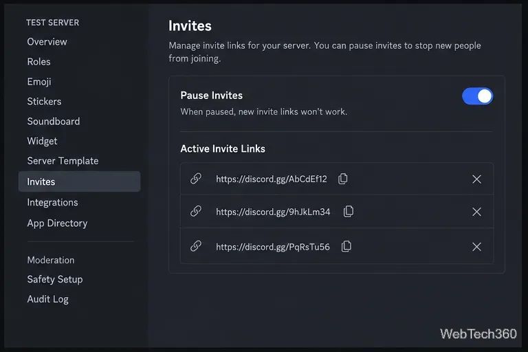 Discord Invites settings showing Pause Invites and a list of active links that can be removed