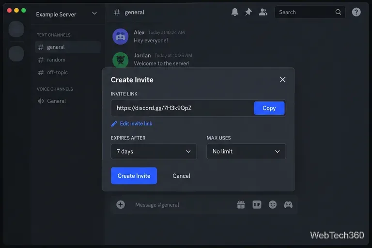 Discord Create Invite dialog with an invite link, expiration period, and maximum-use setting