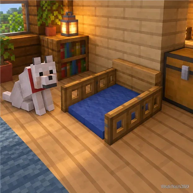 A finished blue wool dog bed with oak trapdoor rails in a cozy Minecraft room, with a tamed wolf sitting beside it