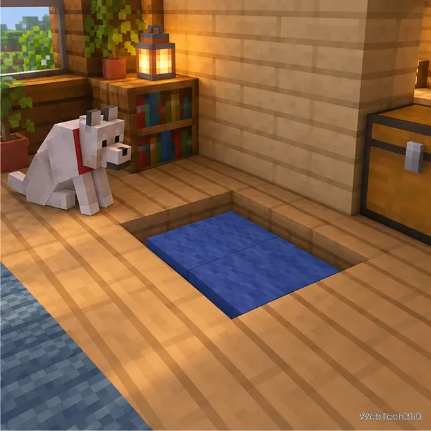 Four blue wool blocks fitted into a shallow square recess in a wooden Minecraft floor