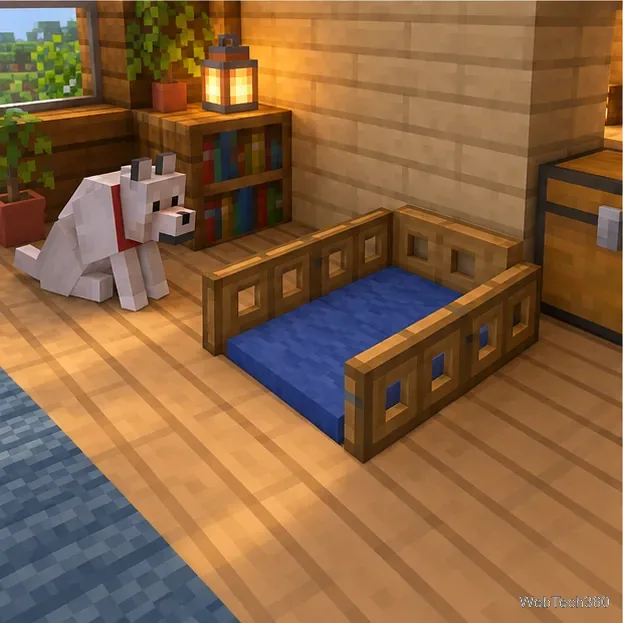 A blue wool dog bed in Minecraft with raised oak trapdoor rails on both sides and an open entrance