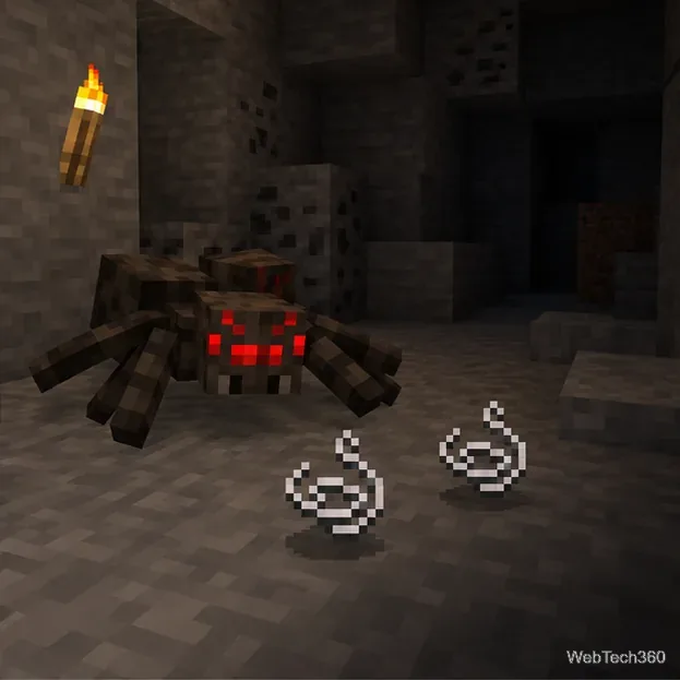洞窟の中にいるマインクラフトのクモ。その横には、落とし物の糸アイテムが2つ置いてある。