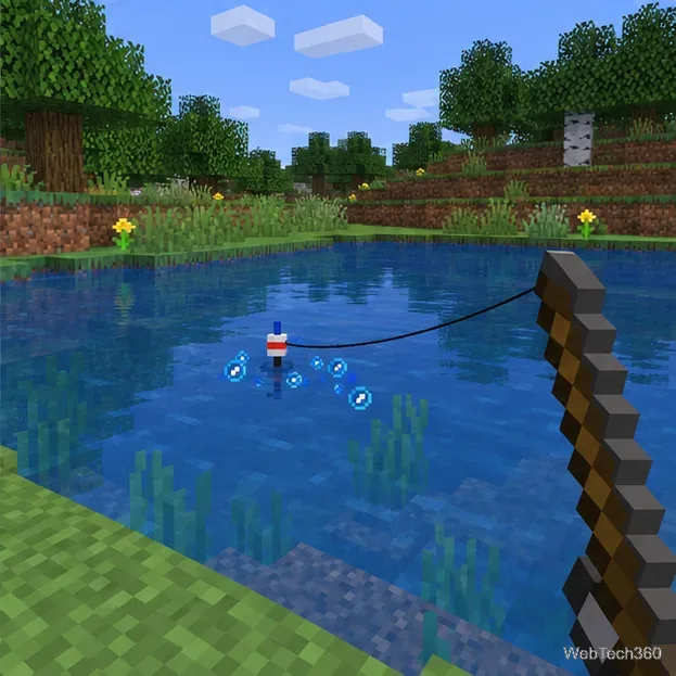 池に浮かぶ釣り竿の浮きに泡が近づいてくる様子を、一人称視点のMinecraftで描いた映像。