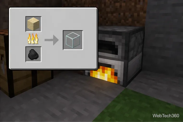 A Minecraft furnace smelts sand with coal to produce a glass block.