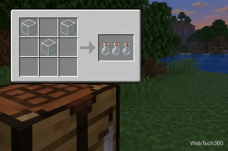 Three glass blocks sit in the top-left, top-right, and center-middle cells of a Minecraft crafting grid, producing three glass bottles.