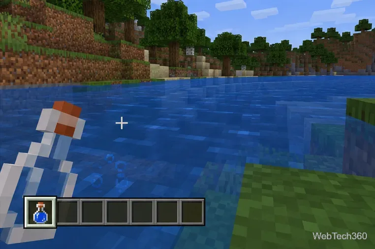 A filled water bottle appears in a Minecraft hotbar after the player uses a bottle at a river.