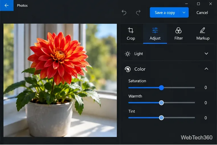 The Photos editor with the Adjust tab selected and the Color section expanded to show the Saturation slider.