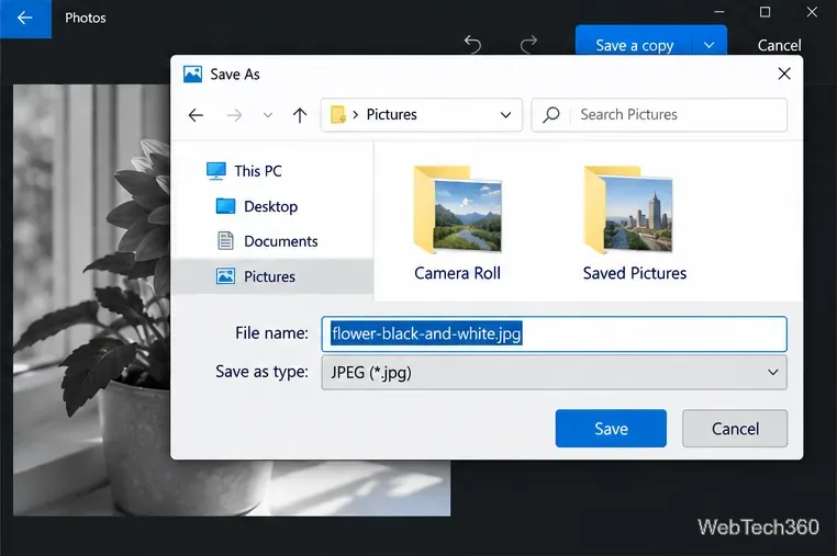 A Save As dialog over a grayscale flower photo, with a new filename entered and the Save button visible.