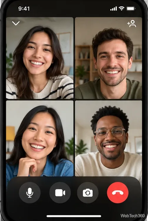 Instagram風のグループビデオ通話中に、2×2のグリッド状に4人が映し出される