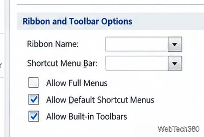 Options du ruban et de la barre d'outils : l'option « Autoriser les menus complets » n'est pas cochée.
