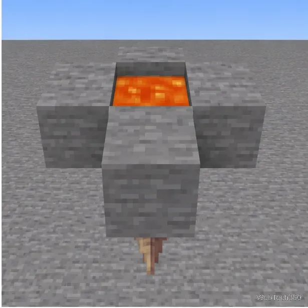 A single lava source contained in a stone pocket above the block supporting pointed dripstone