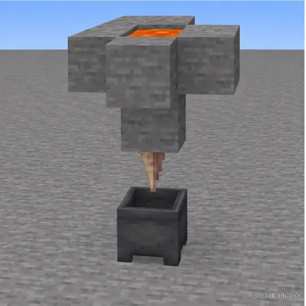 A completed lava farm with a contained source, pointed dripstone, and empty cauldron below