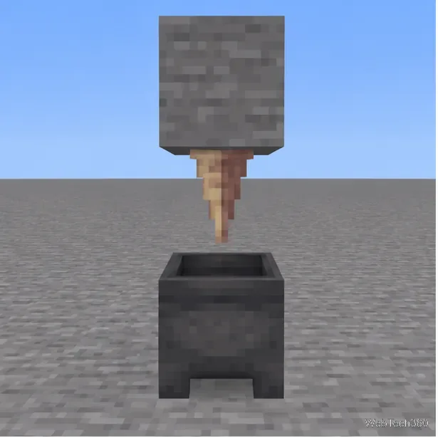 The vertical alignment of a support block, pointed dripstone, and cauldron viewed from the front