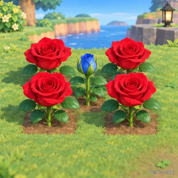 Uma rosa azul desabrochando entre rosas híbridas vermelhas em um jardim isolado numa ilha.