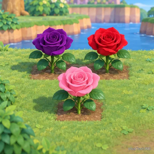 Uma rosa roxa e uma rosa vermelha cultivada a partir de sementes, que produziram uma rosa rosa, em canteiros separados.