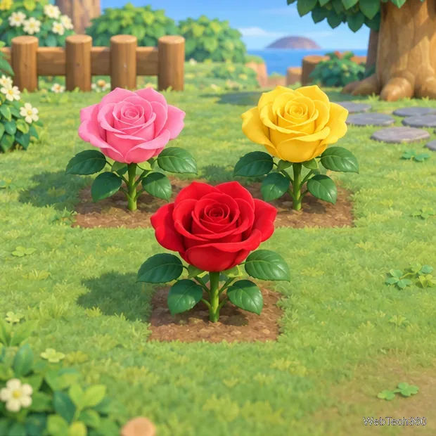 Uma rosa híbrida rosa e uma rosa de semente amarela com uma descendência híbrida vermelha crescendo no azulejo aberto.