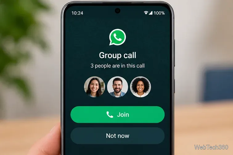 WhatsApp風のグループ通話画面が表示され、3人の参加者と緑色の「参加」ボタンが表示される。