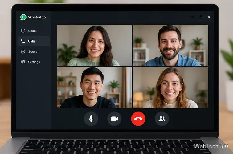 ノートパソコンに、4人のビデオ参加者と通話コントロールが表示されたWhatsApp風のデスクトップウィンドウが表示されている。
