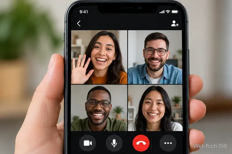 スマートフォンに、マイク、カメラ、通話終了コントロールを備えた4人用のビデオ通話グリッドが表示されている。