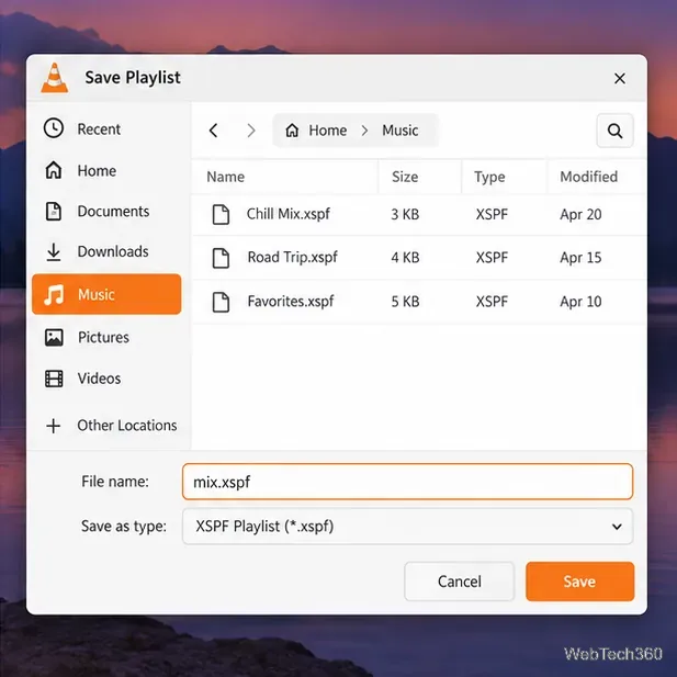 Illustrative Save Playlist dialog with an XSPF filename and format selected